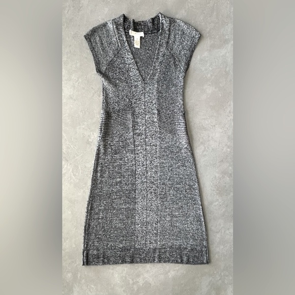Kenar Women's Metallic Stretch Knit V-Neck A-Line Dress Black Silver  Shimmer S